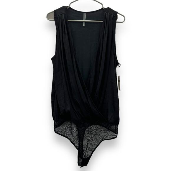 Anthropologie Yara Surplice Black Lace Wrap-Over Front Bodysuit Sz L NEW - Picture 1 of 14